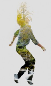 double exposure of nature and young woman dancing isolated on white background